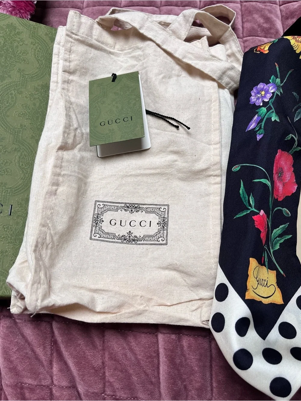 Gucci Floral Polka Dot Silk Skinny Scarf Black Red w/ Box Dust Bag Tags